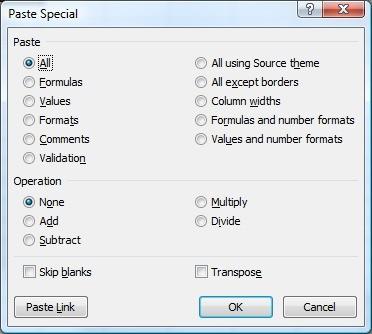 Excel 2007 Paste Special options